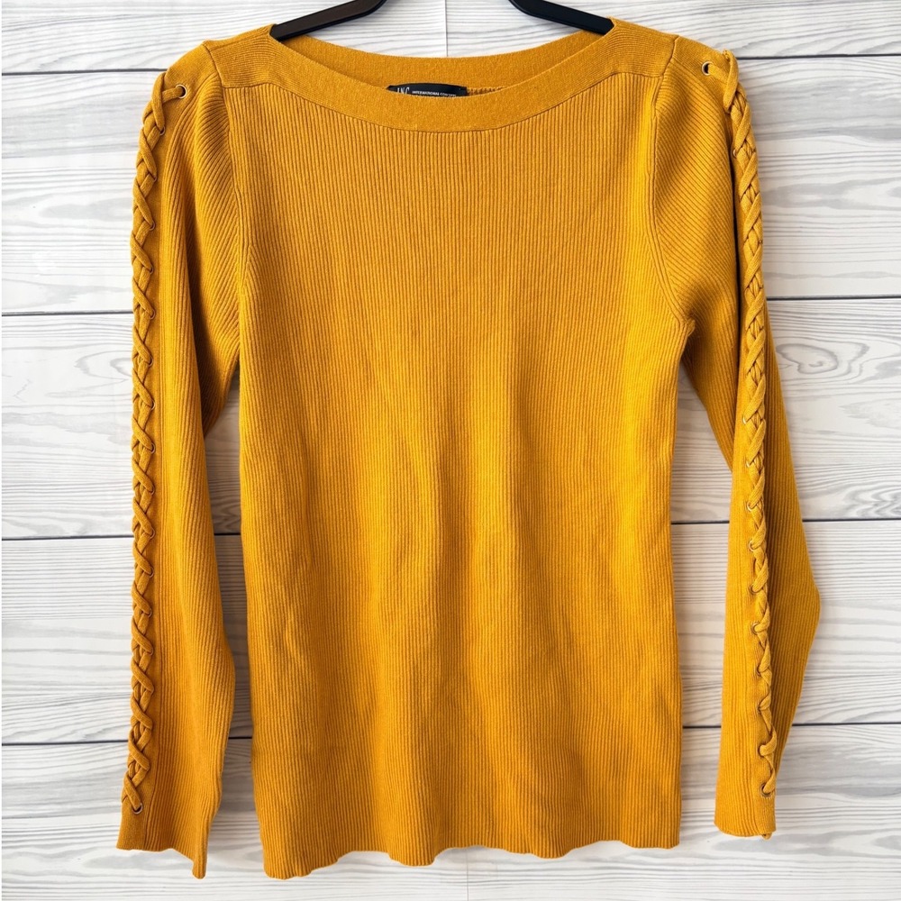 INC International Concepts Mustard Yellow Ribbed Braided Sleeve Sweater XL